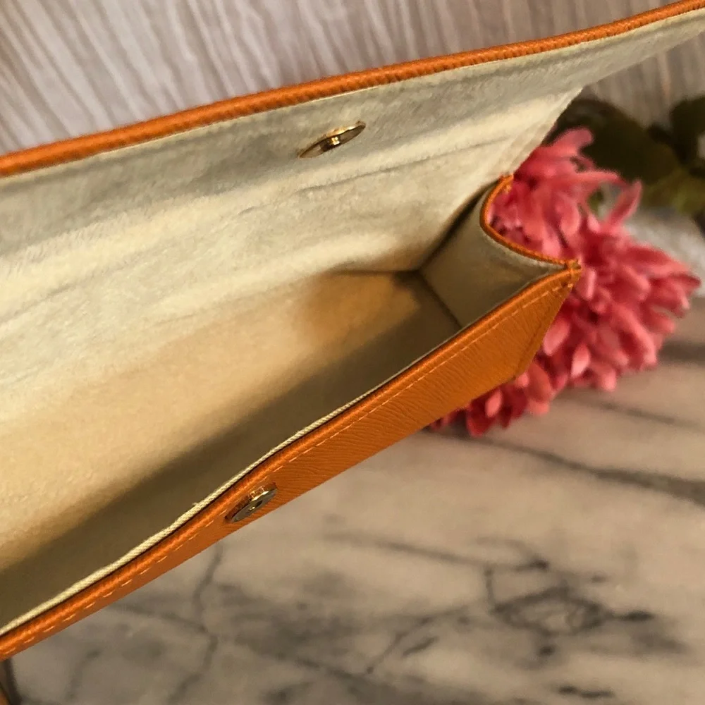 TORY BURCH orange leather eye glasses case triangle snap close gold Miller logo